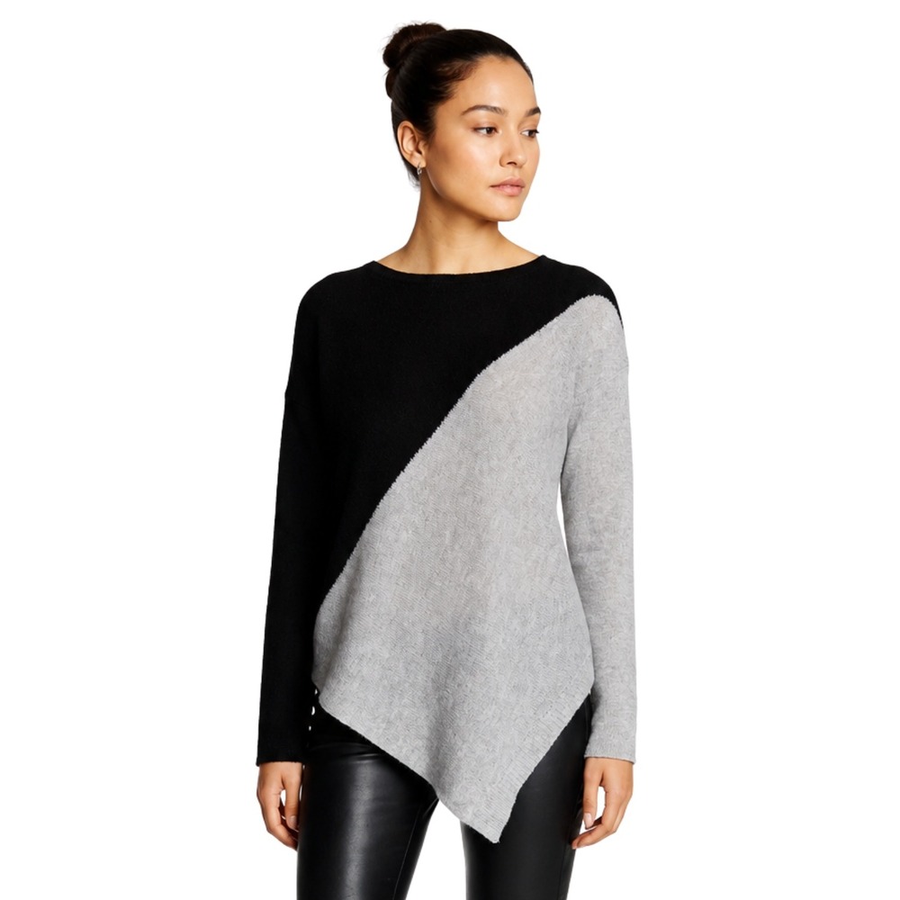 360 Cashmere Sweater Womens Medium Black Gray Colorblock Asymmetrical Preppy